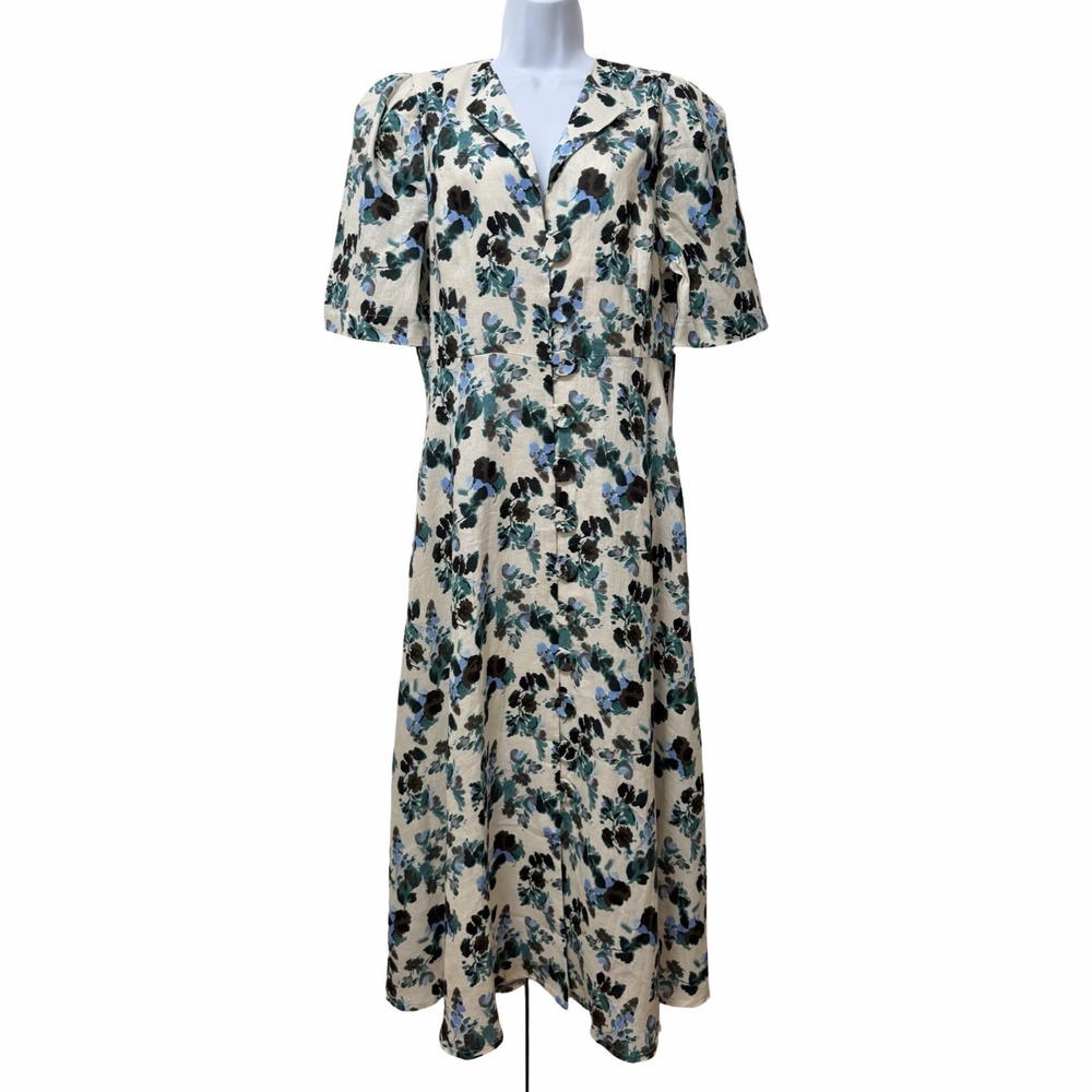 Tuckernuck Blue Blooms Floral Linen Midi Dress Size L White Garden Party NEW